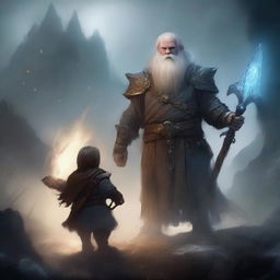 A young dwarf warrior holding a glaive stands valiantly, while behind him, a ghostly apparition of another dwarf looms