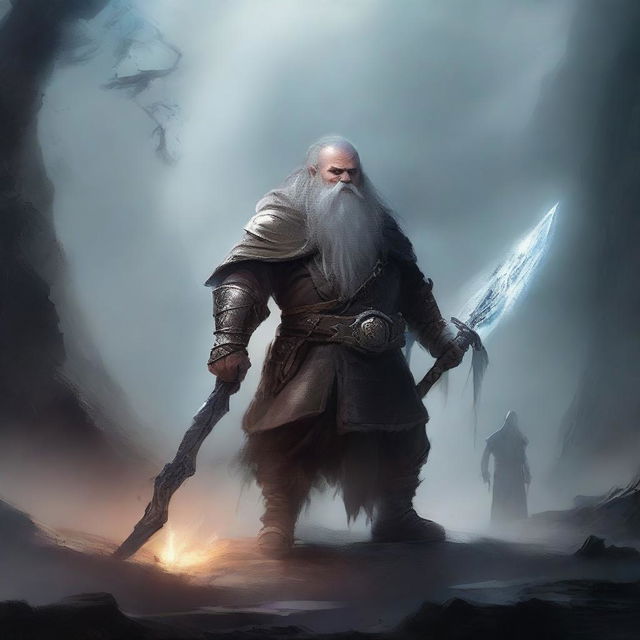 A young dwarf warrior holding a glaive stands valiantly, while behind him, a ghostly apparition of another dwarf looms