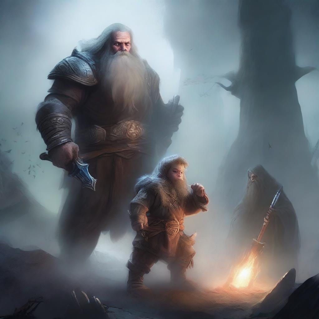 A young dwarf warrior holding a glaive stands valiantly, while behind him, a ghostly apparition of another dwarf looms