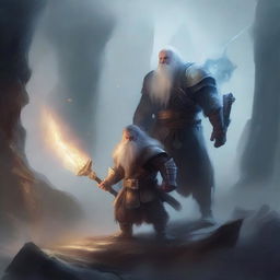 A young dwarf warrior holding a glaive stands valiantly, while behind him, a ghostly apparition of another dwarf looms