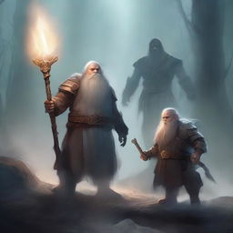 A young dwarf warrior holding a glaive stands valiantly, while behind him, a ghostly apparition of another dwarf looms