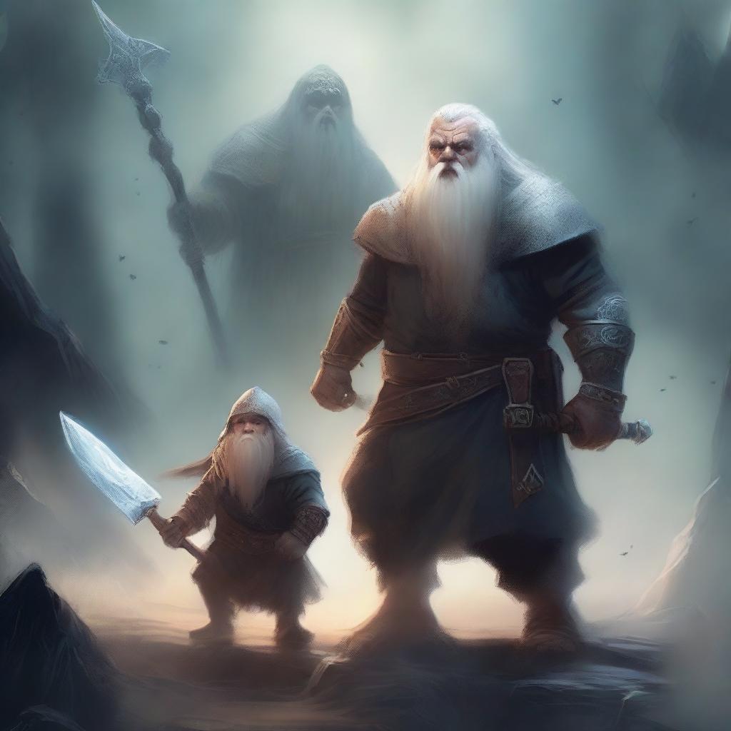 A young dwarf warrior holding a glaive stands valiantly, while behind him, a ghostly apparition of another dwarf looms