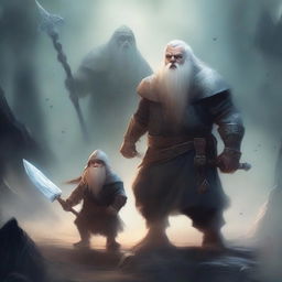 A young dwarf warrior holding a glaive stands valiantly, while behind him, a ghostly apparition of another dwarf looms