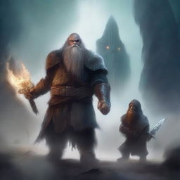 A young dwarf warrior holding a glaive stands valiantly, while behind him, a ghostly apparition of another dwarf looms