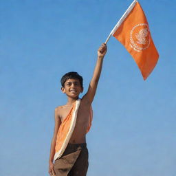 A young boy holding a 'Jai Shree Ram' flag, displaying it with pride and enthusiasm. He's standing against a clear blue sky.