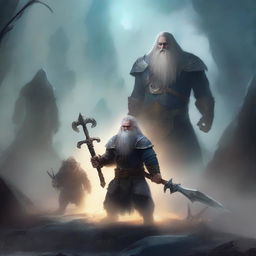 A young dwarf warrior holding a glaive stands valiantly, while behind him, a ghostly apparition of another dwarf looms