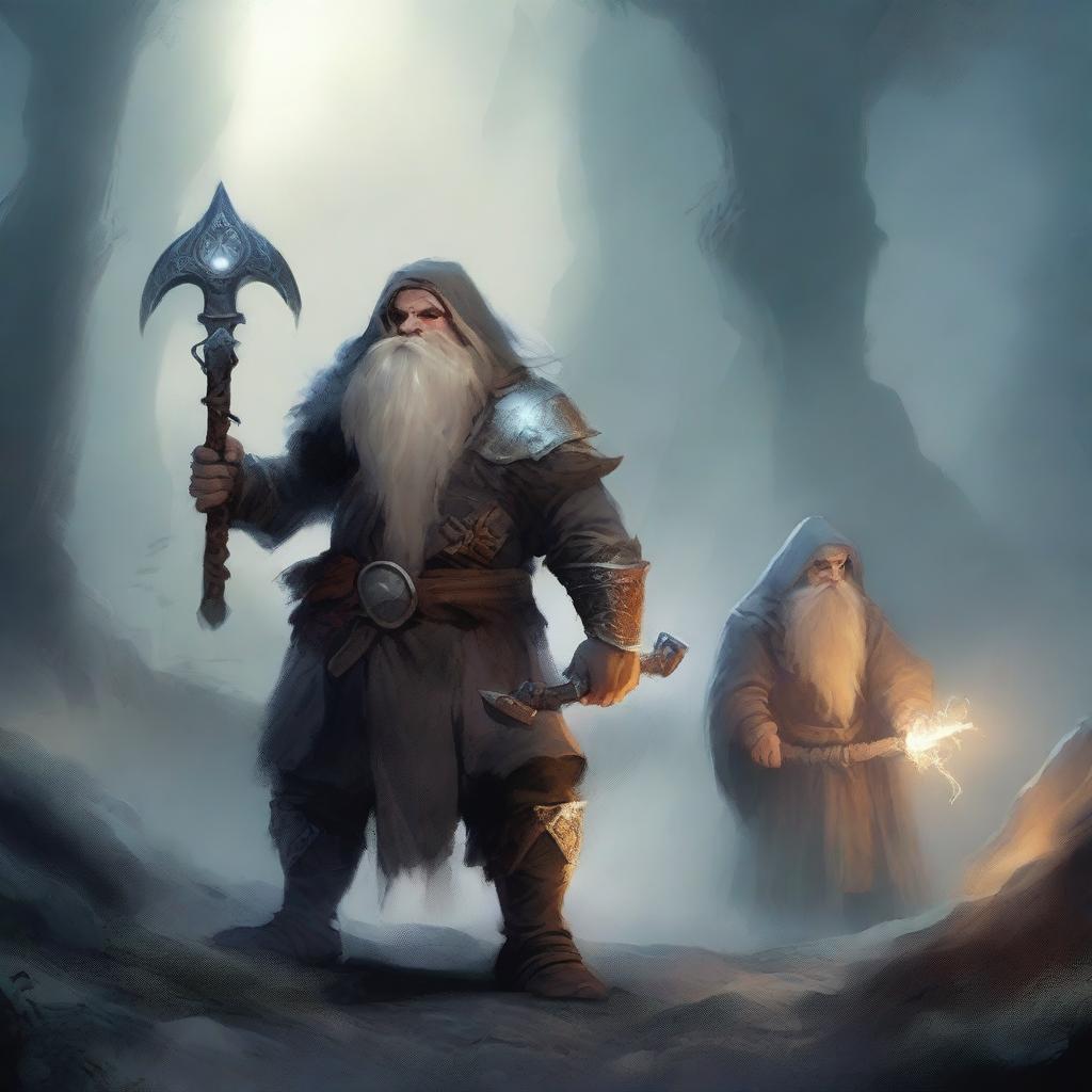 A young dwarf warrior holding a glaive stands valiantly, while behind him, a ghostly apparition of another dwarf looms