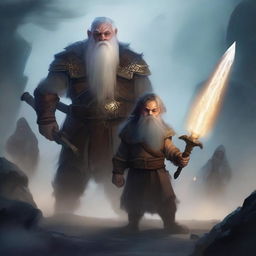 A young dwarf warrior holding a glaive stands valiantly, while behind him, a ghostly apparition of another dwarf looms