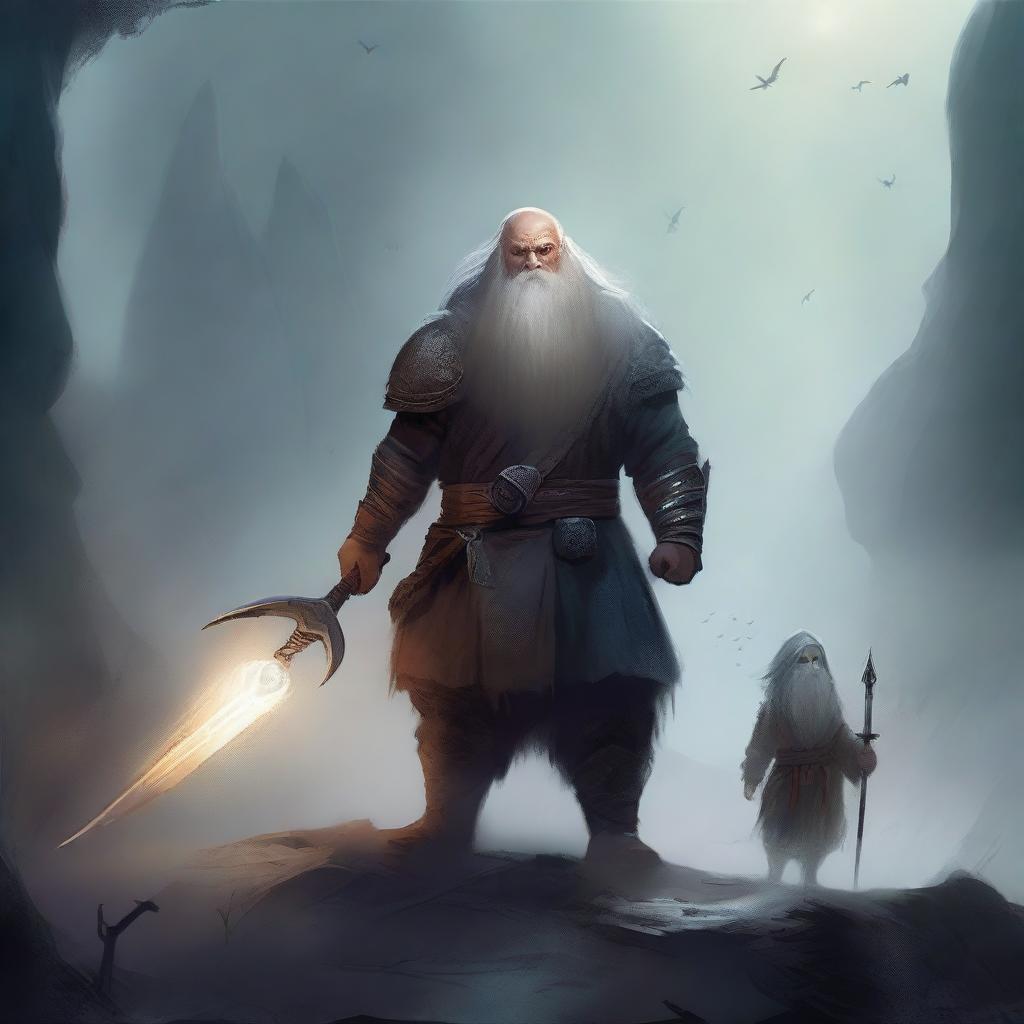 A young dwarf warrior holding a glaive stands valiantly, while behind him, a ghostly apparition of another dwarf looms