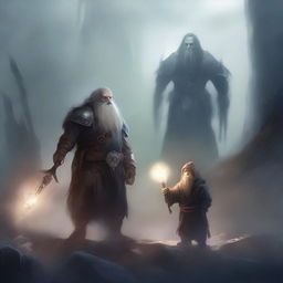 A young dwarf warrior holding a glaive stands valiantly, while behind him, a ghostly apparition of another dwarf looms