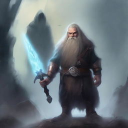 A young dwarf warrior holding a glaive stands valiantly, while behind him, a ghostly apparition of another dwarf looms