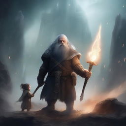 A young dwarf warrior holding a glaive stands valiantly, while behind him, a ghostly apparition of another dwarf looms