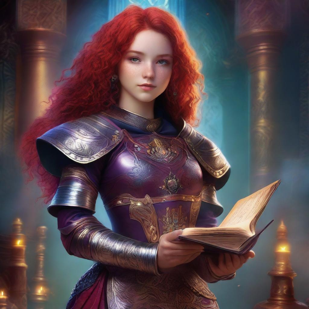 A Latina teen with red hair and freckles is depicted wearing ornate armor and holding a grimoire