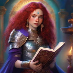 A Latina teen with red hair and freckles is depicted wearing ornate armor and holding a grimoire