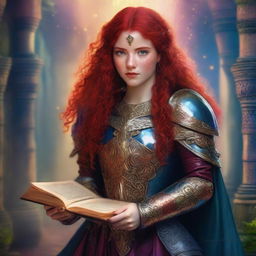 A Latina teen with red hair and freckles is depicted wearing ornate armor and holding a grimoire