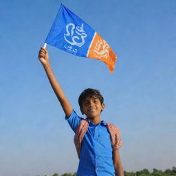 A young boy holding a 'Jai Shree Ram' flag, displaying it with pride and enthusiasm. He's standing against a clear blue sky.