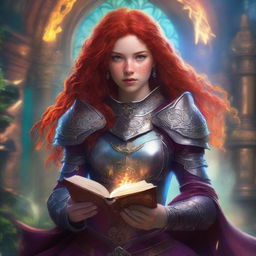 A Latina teen with red hair and freckles is depicted wearing ornate armor and holding a grimoire