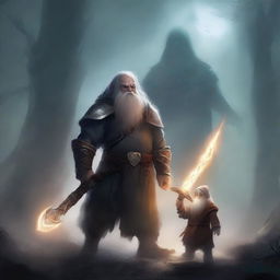 A young dwarf warrior holding a glaive stands valiantly, while behind him, a ghostly apparition of another dwarf looms