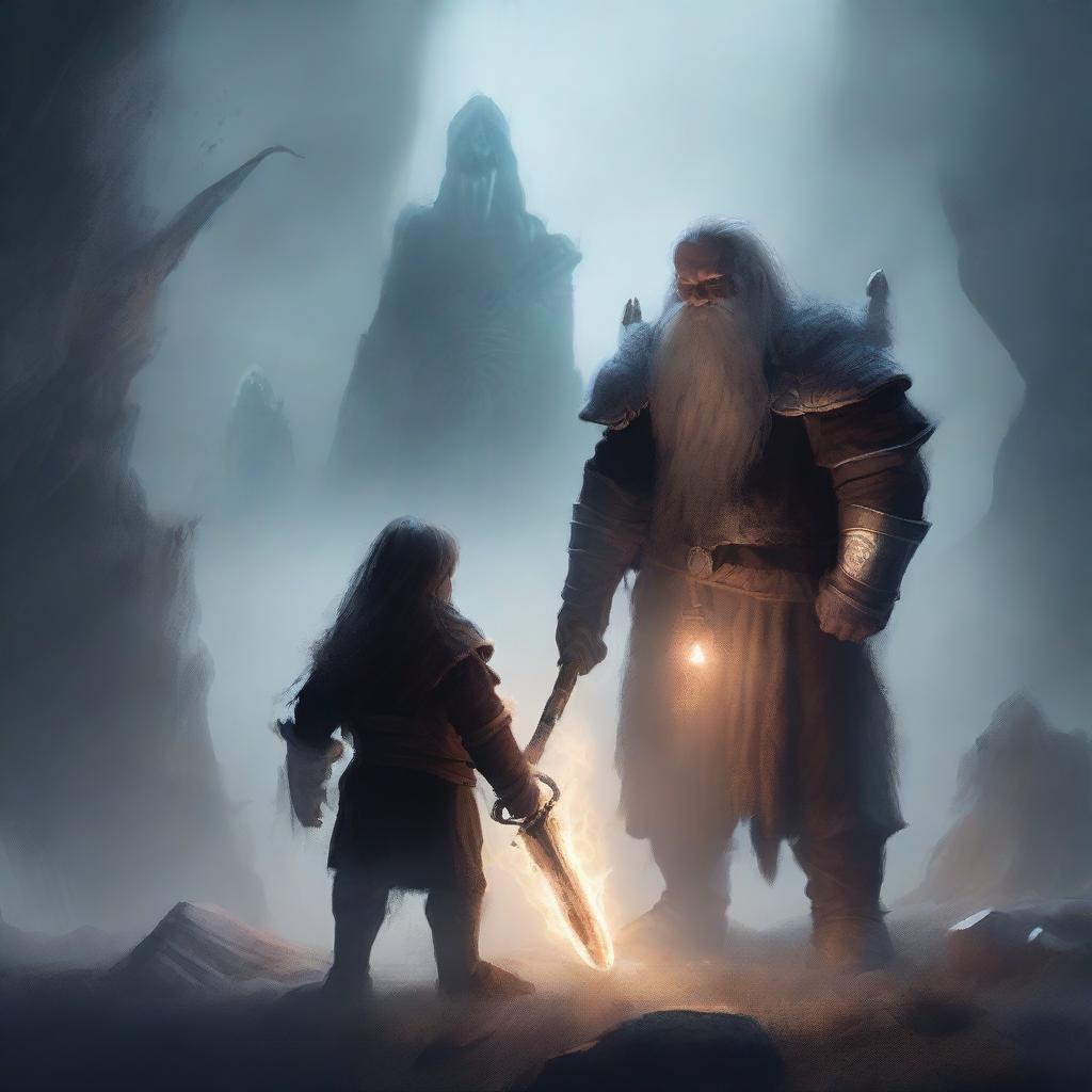 A young dwarf warrior holding a glaive stands valiantly, while behind him, a ghostly apparition of another dwarf looms