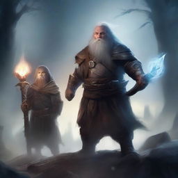 A young dwarf warrior holding a glaive stands valiantly, while behind him, a ghostly apparition of another dwarf looms