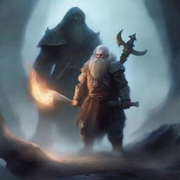 A young dwarf warrior holding a glaive stands valiantly, while behind him, a ghostly apparition of another dwarf looms