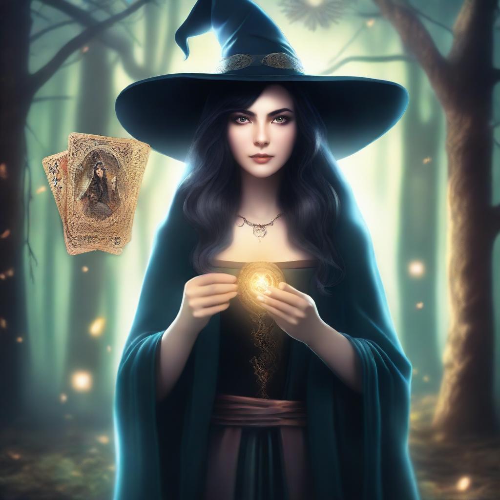 A female witch with black hair holding game cards