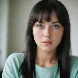 casual photograpy medium body, female, 23 year old with green eyes and black long hai with withe streaks in the bangs.,freckles, self on the mirror, casual clothes, relax time, medium distance shot, 4k hd,  --style raw--v 5.2 ar 2-3