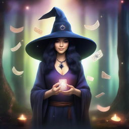 A female witch with black hair holding game cards