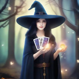 A female witch with black hair holding game cards