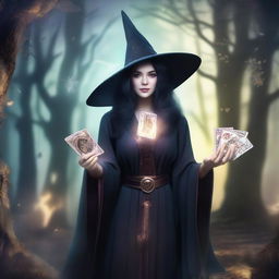 A female witch with black hair holding game cards