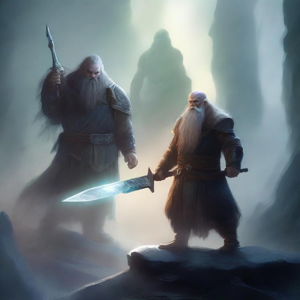 A 20-year-old dwarf warrior holding a glaive stands valiantly, while behind him, a ghostly apparition of another dwarf looms