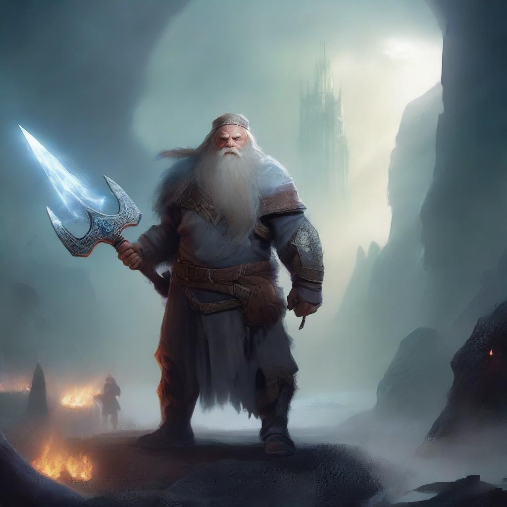 A 20-year-old dwarf warrior holding a glaive stands valiantly, while behind him, a ghostly apparition of another dwarf looms