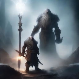 A 20-year-old dwarf warrior holding a glaive stands valiantly, while behind him, a ghostly apparition of another dwarf looms