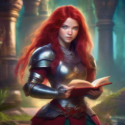 A Latina teen with red hair and freckles is depicted wearing detailed armor and holding a grimoire