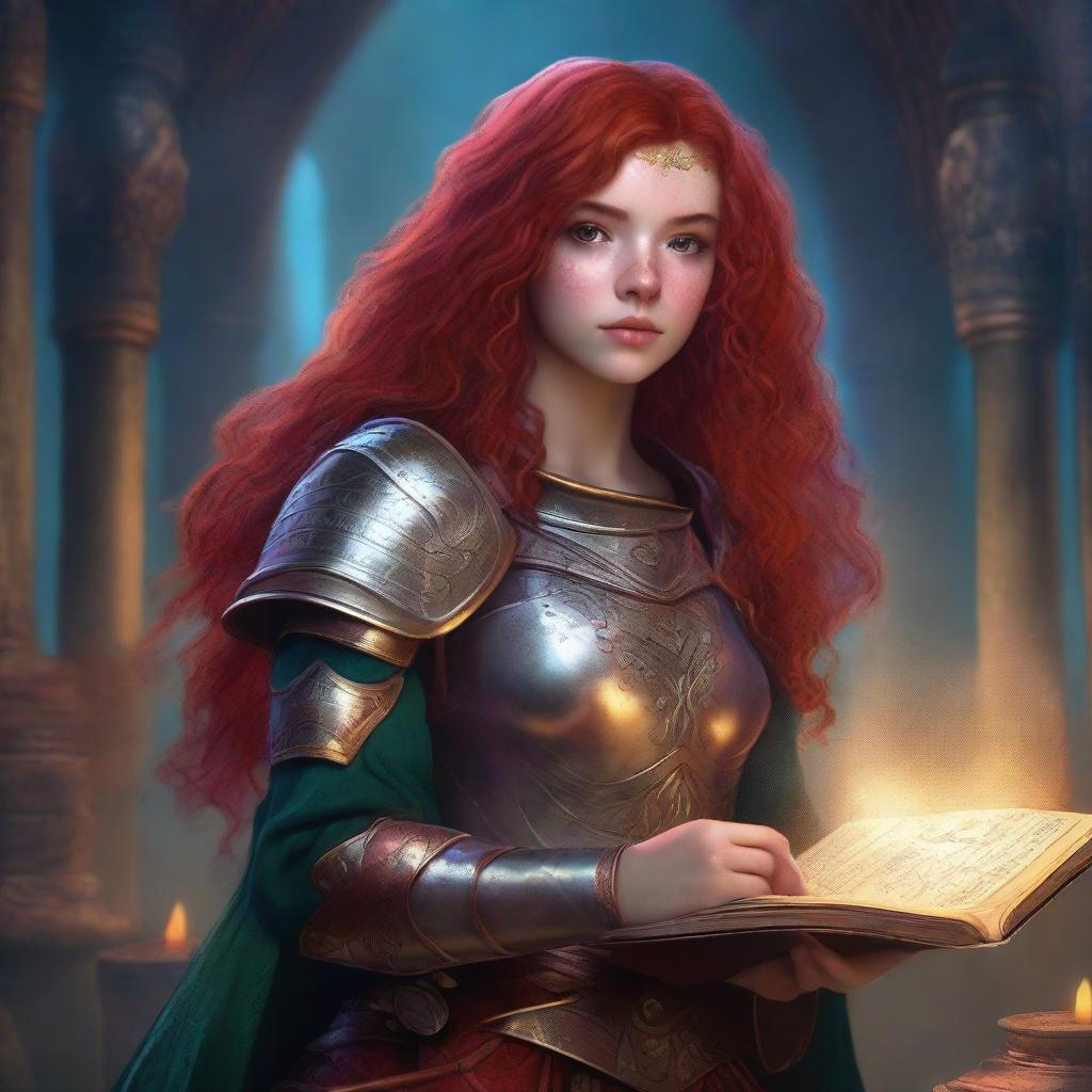 A Latina teen with red hair and freckles is depicted wearing detailed armor and holding a grimoire