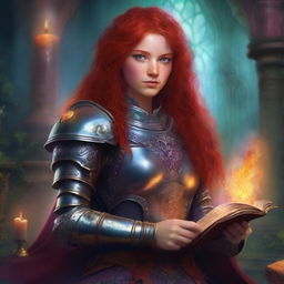 A Latina teen with red hair and freckles is depicted wearing detailed armor and holding a grimoire