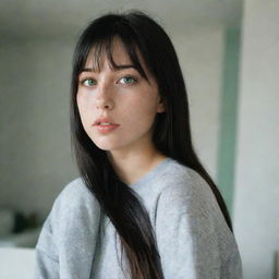 casual photograpy medium body, female, 23 year old with green eyes and black long hai with withe streaks in the bangs.,freckles, self on the mirror, casual clothes, relax time, medium distance shot, 4k hd,  --style raw--v 5.2 ar 2-3