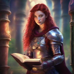 A Latina teen with red hair and freckles is depicted wearing detailed armor and holding a grimoire