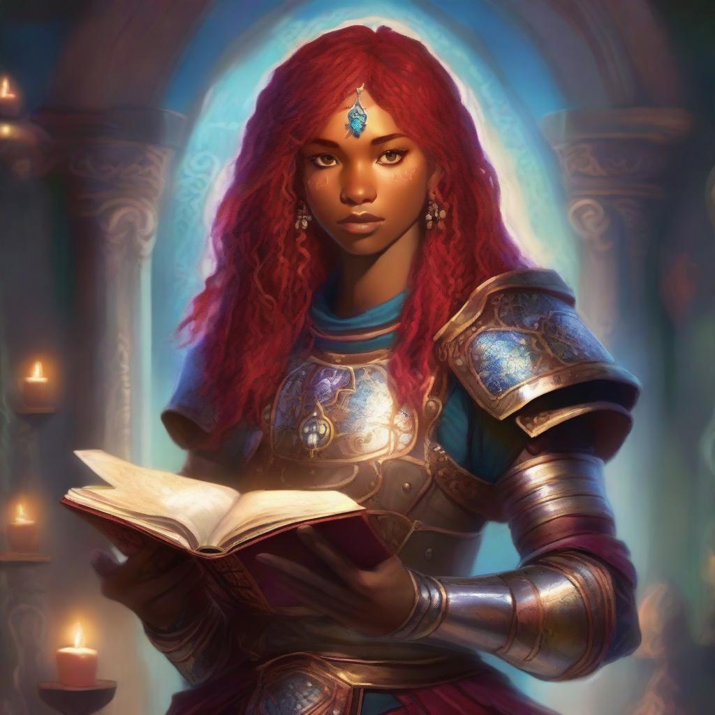 A brown-skinned teen with red hair and freckles is depicted wearing ornate armor and holding a grimoire