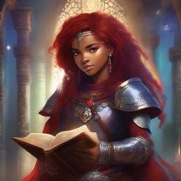 A brown-skinned teen with red hair and freckles is depicted wearing ornate armor and holding a grimoire