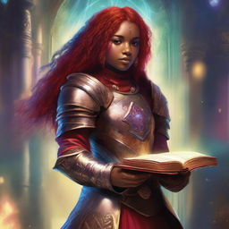 A brown-skinned teen with red hair and freckles is depicted wearing ornate armor and holding a grimoire