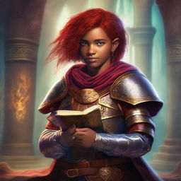 A brown-skinned teen with red hair and freckles is depicted wearing ornate armor and holding a grimoire