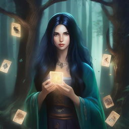 A female sorcerer with long black hair is holding magical game cards that glow with mystical energy