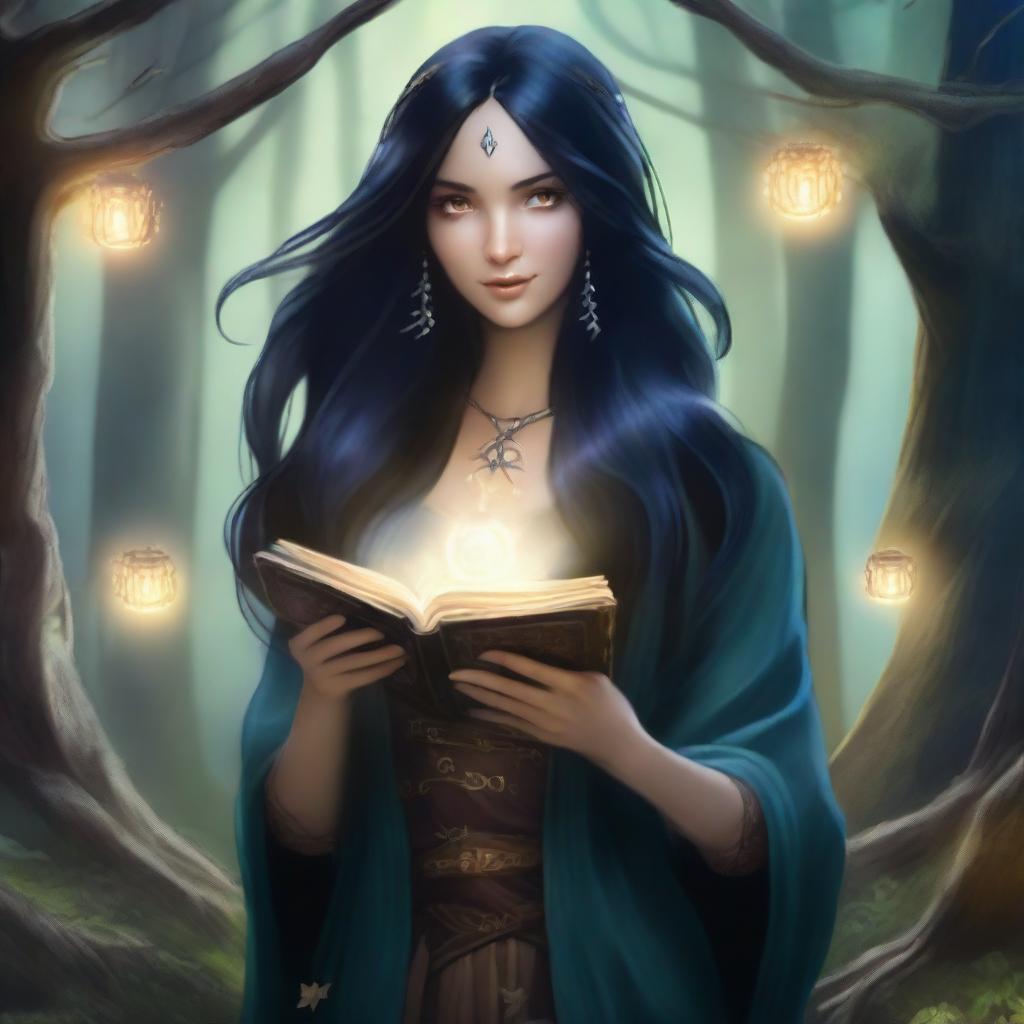 A female sorcerer with long black hair is holding magical game cards that glow with mystical energy