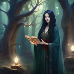 A female sorcerer with long black hair is holding magical game cards that glow with mystical energy