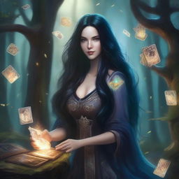 A female sorcerer with long black hair is holding magical game cards that glow with mystical energy