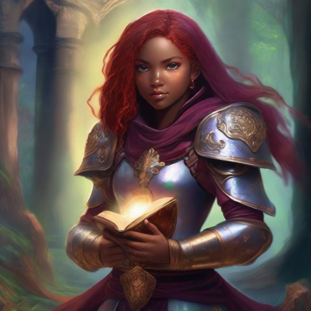 A brown-skinned teen with red hair and freckles is depicted wearing detailed armor and holding a grimoire