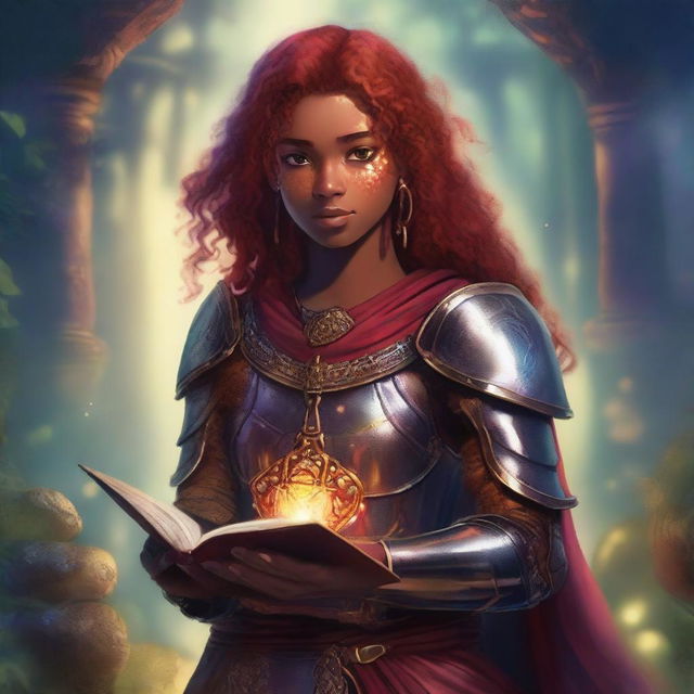 A brown-skinned teen with red hair and freckles is depicted wearing detailed armor and holding a grimoire