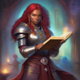 A brown-skinned teen with red hair and freckles is depicted wearing detailed armor and holding a grimoire