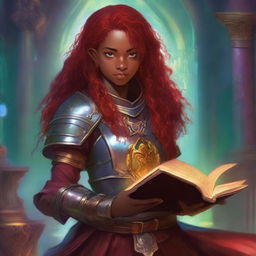 A brown-skinned teen with red hair and freckles is depicted wearing detailed armor and holding a grimoire